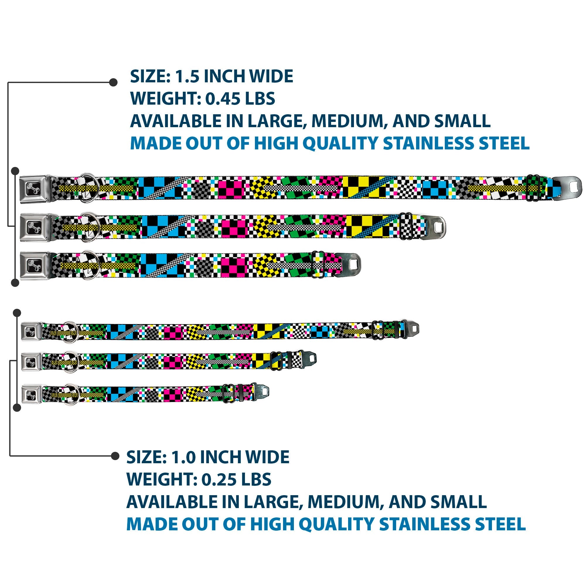 Dog Bone Seatbelt Buckle Collar - Funky Checkers Black/White/Neon