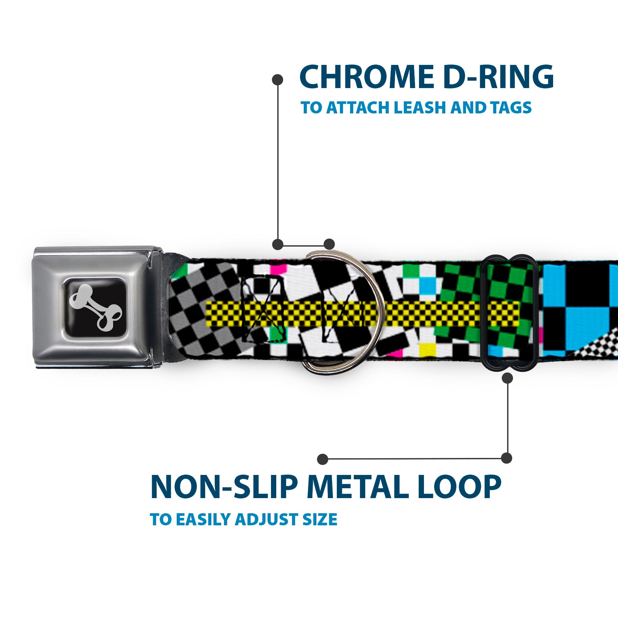 Dog Bone Seatbelt Buckle Collar - Funky Checkers Black/White/Neon