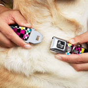 Dog Bone Seatbelt Buckle Collar - Funky Checkers Black/White/Neon