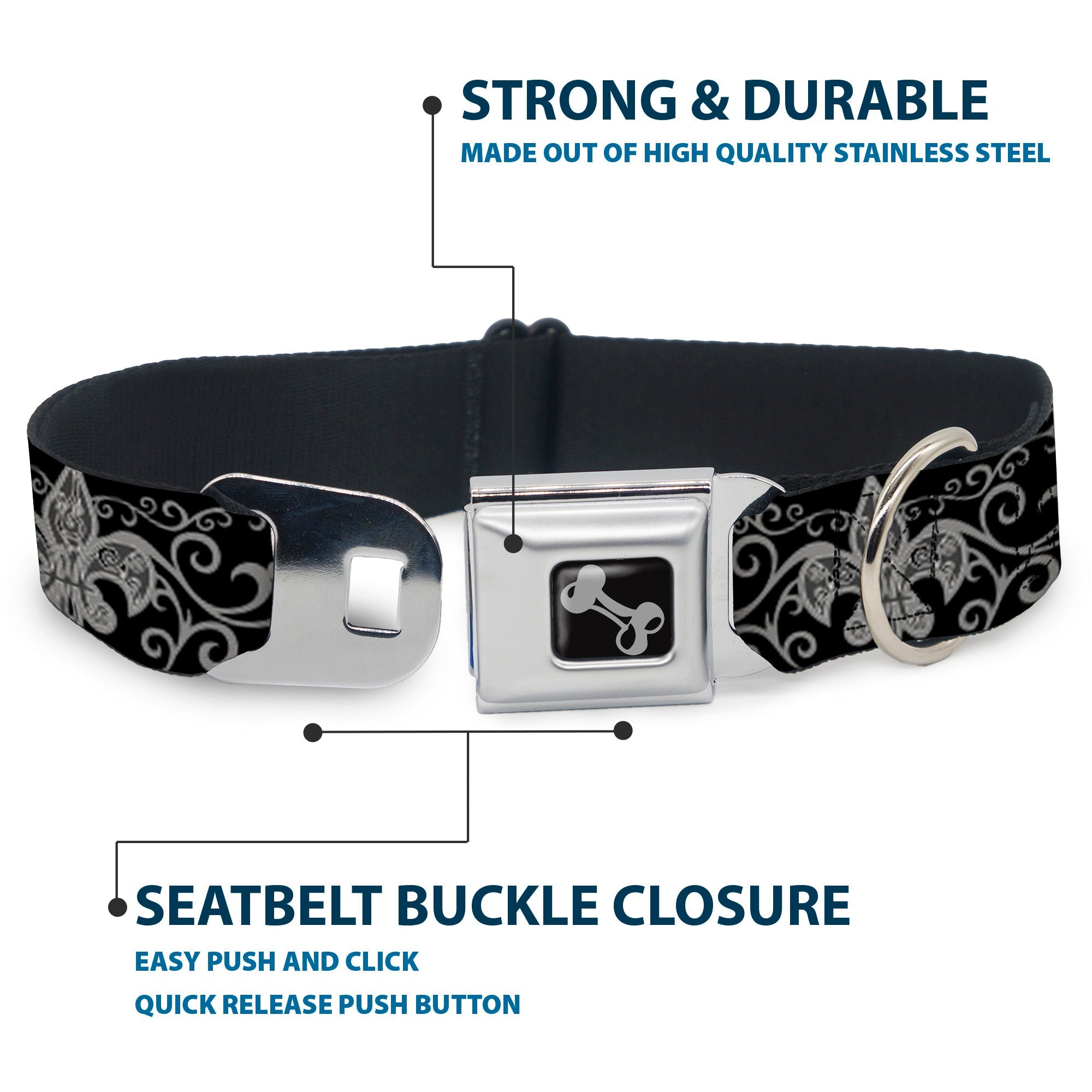 Dog Bone Seatbelt Buckle Collar - Fleur-de-Lis w/Filigree Black/Gray