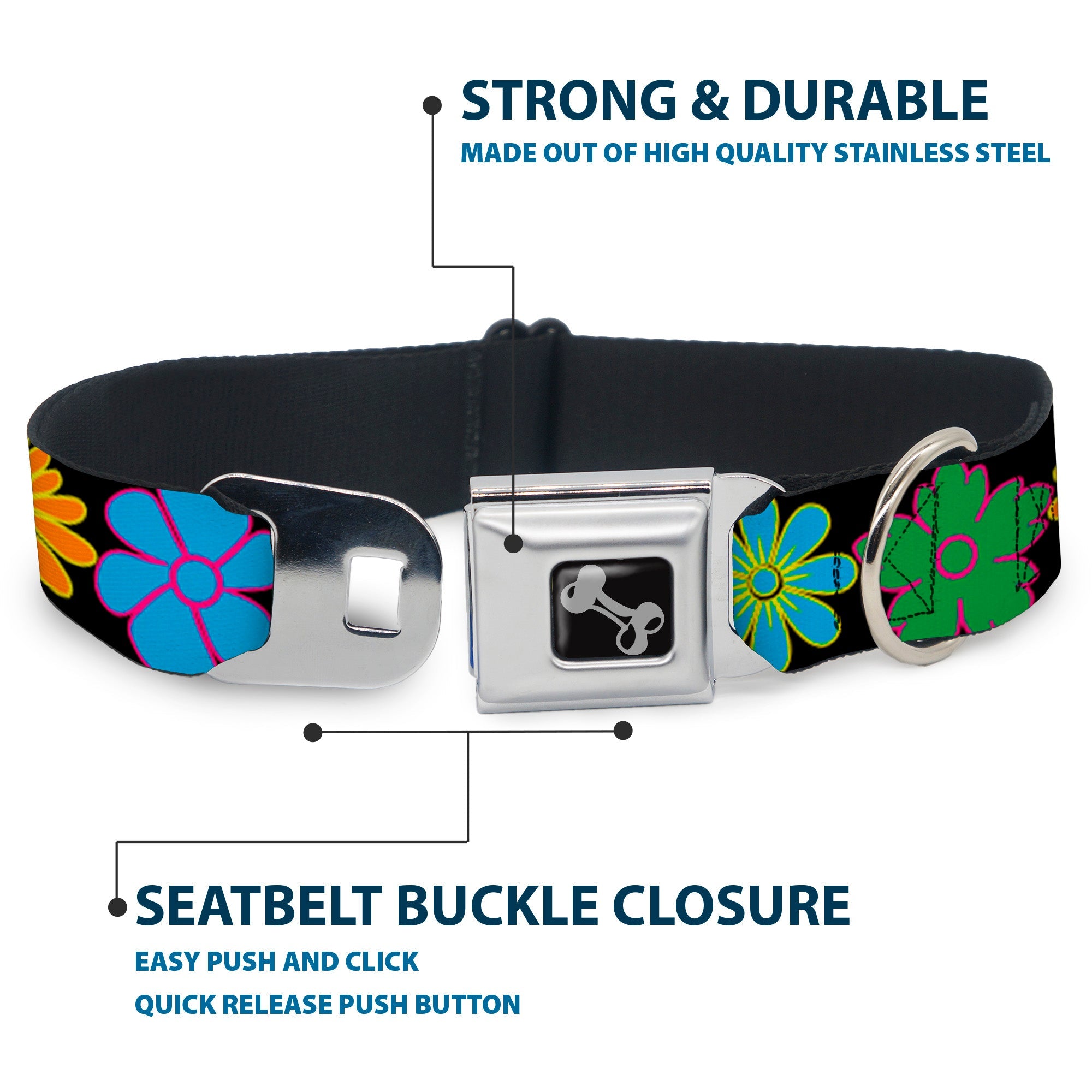 Dog Bone Seatbelt Buckle Collar - Flowers Black/Multi Color