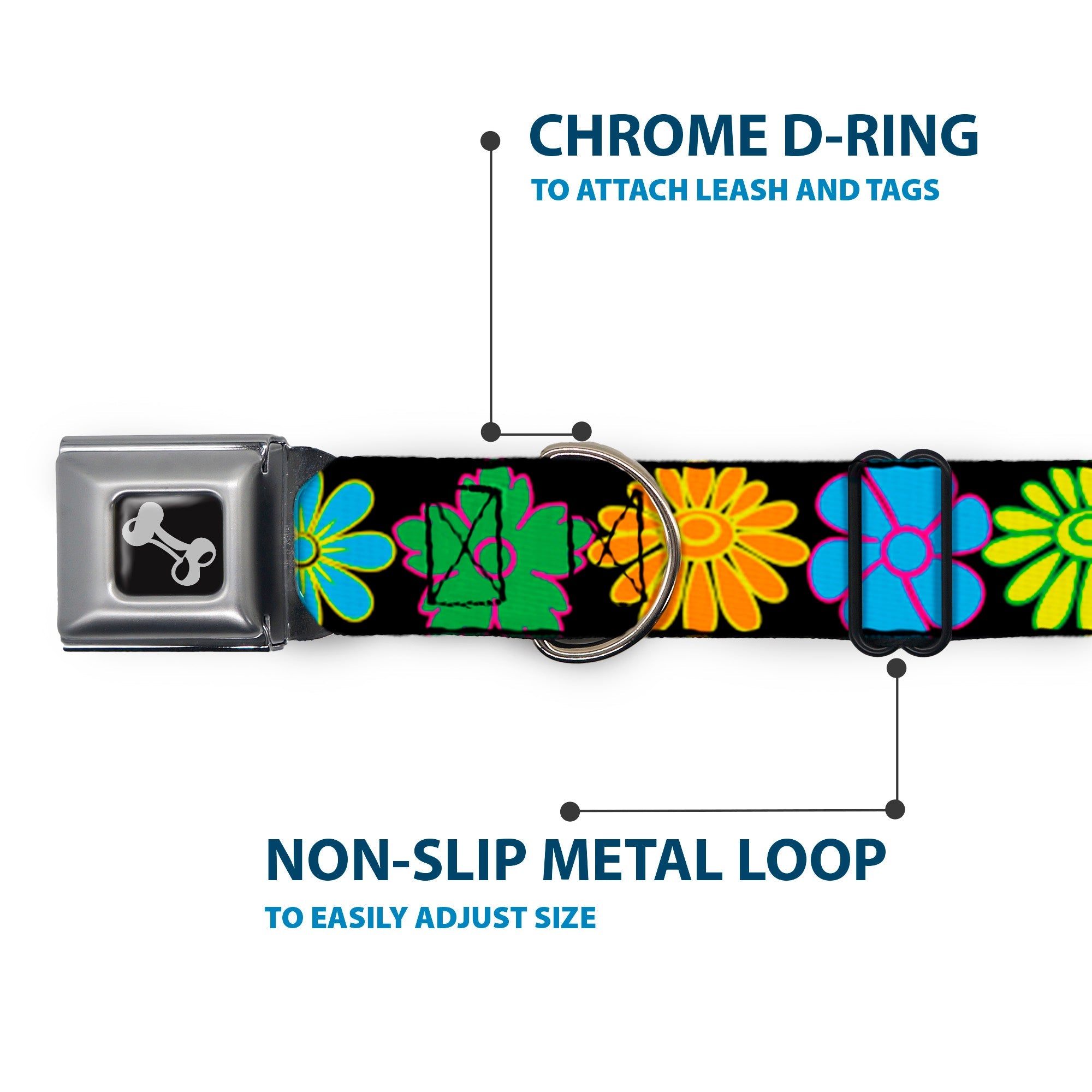 Dog Bone Seatbelt Buckle Collar - Flowers Black/Multi Color