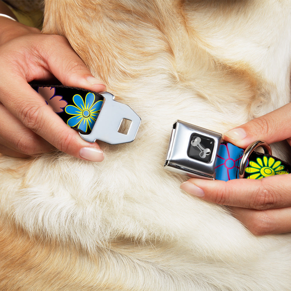 Dog Bone Seatbelt Buckle Collar - Flowers Black/Multi Color