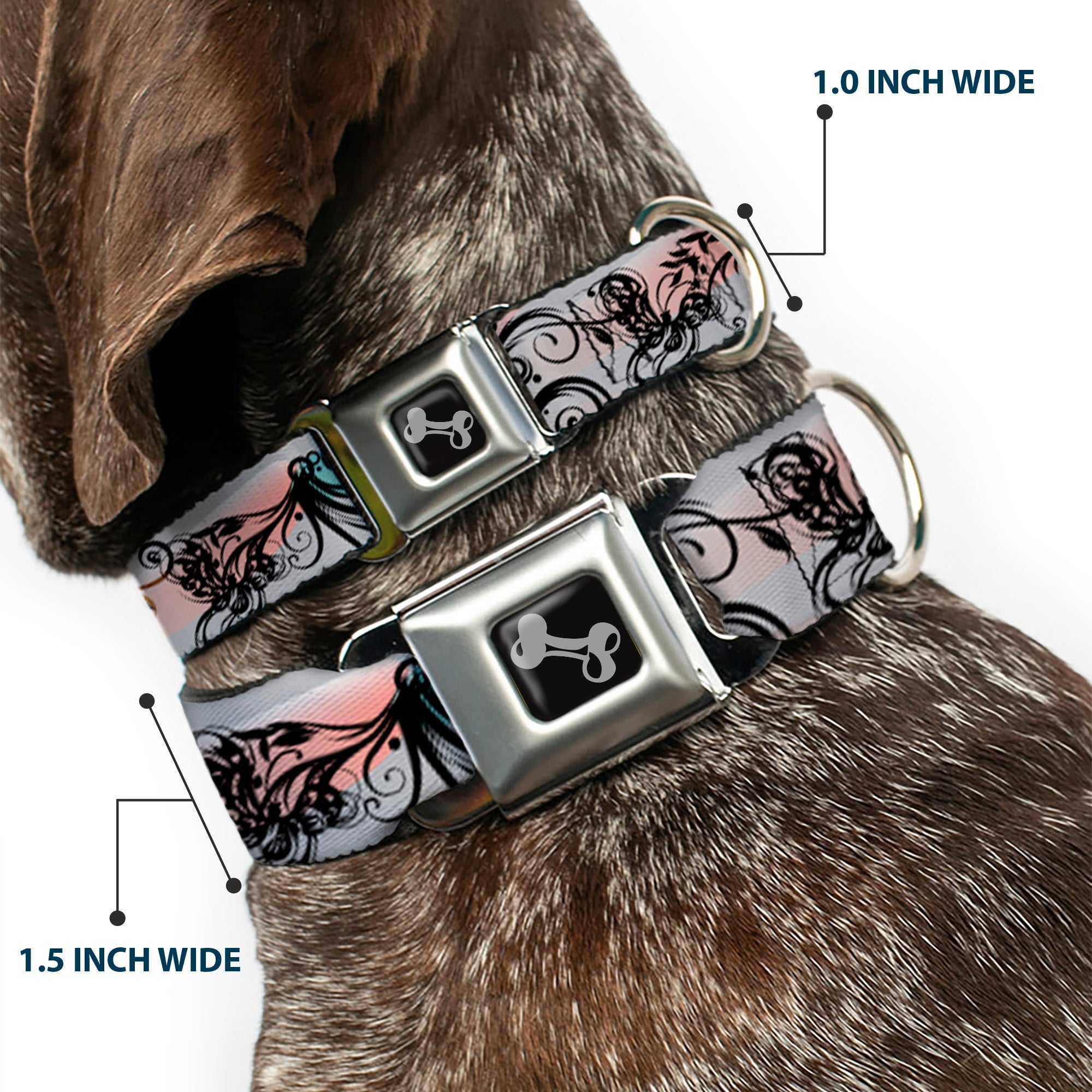 Dog Bone Seatbelt Buckle Collar - Flowers w/Filigree Pink