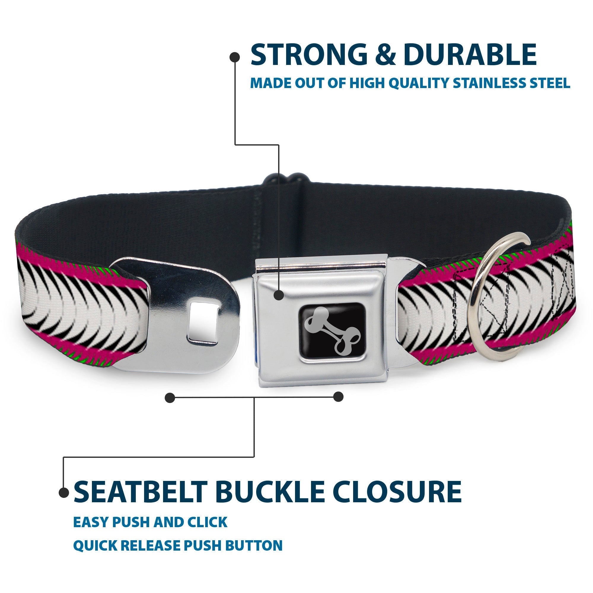 Dog Bone Seatbelt Buckle Collar - Fish Tail Fuchsia/Black/White