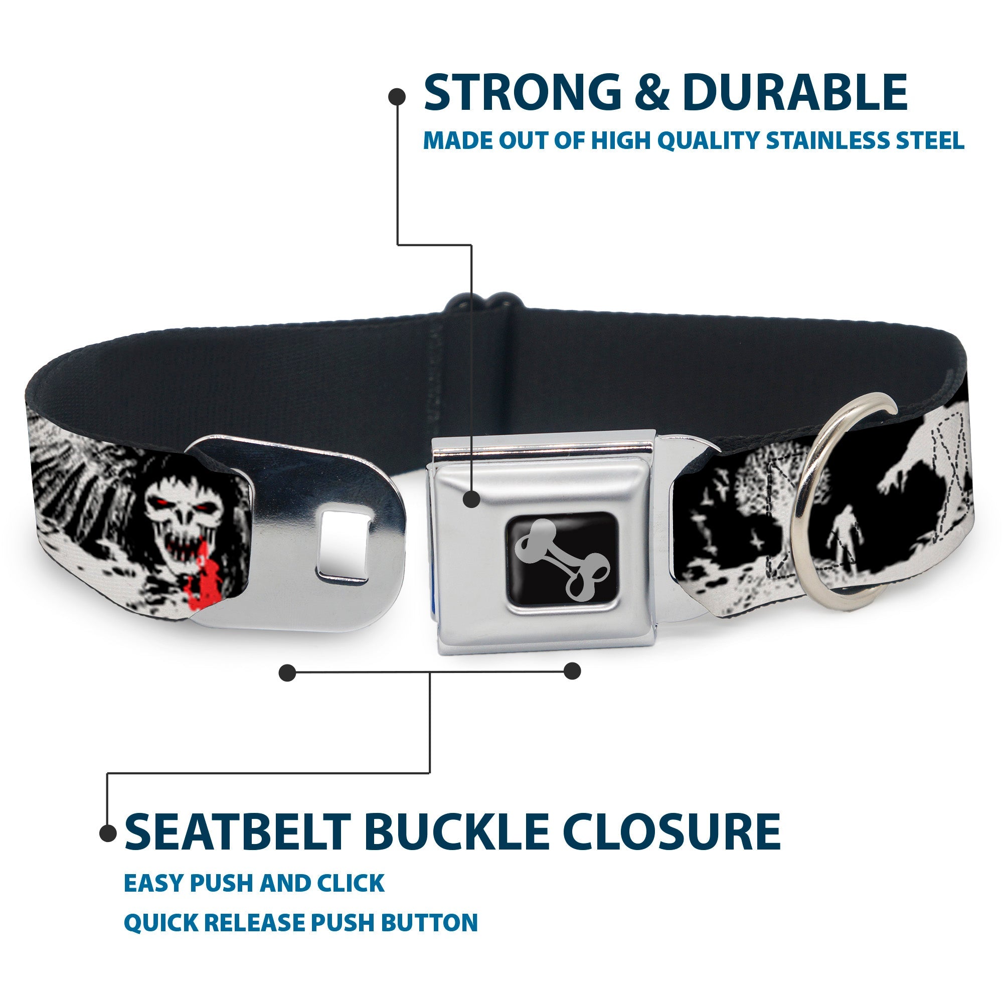 Dog Bone Seatbelt Buckle Collar - Fright Night Black/White/Red
