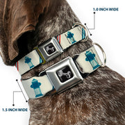 Dog Bone Seatbelt Buckle Collar - Fire Hydrants/Stripes Tan/Blues/Reds