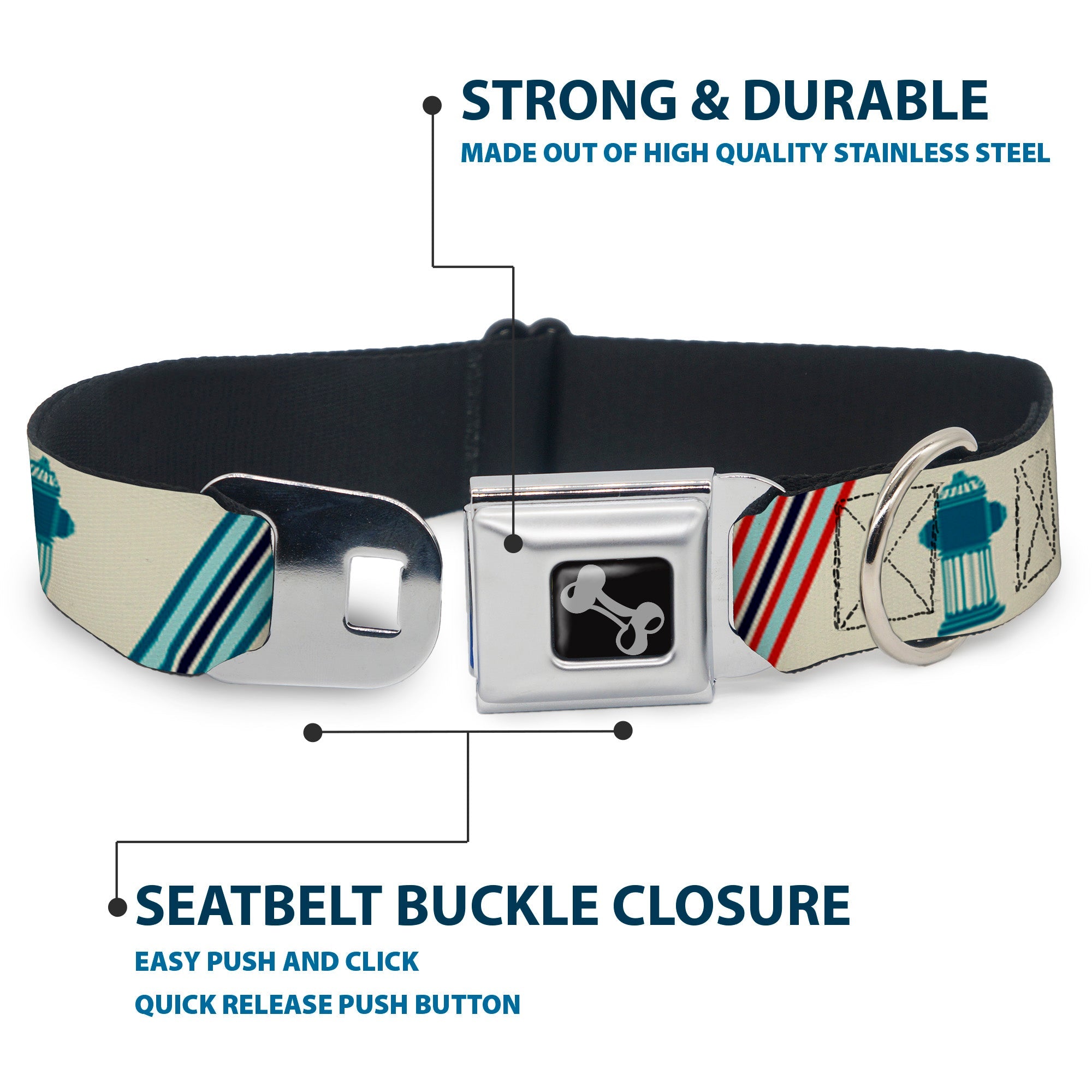 Dog Bone Seatbelt Buckle Collar - Fire Hydrants/Stripes Tan/Blues/Reds