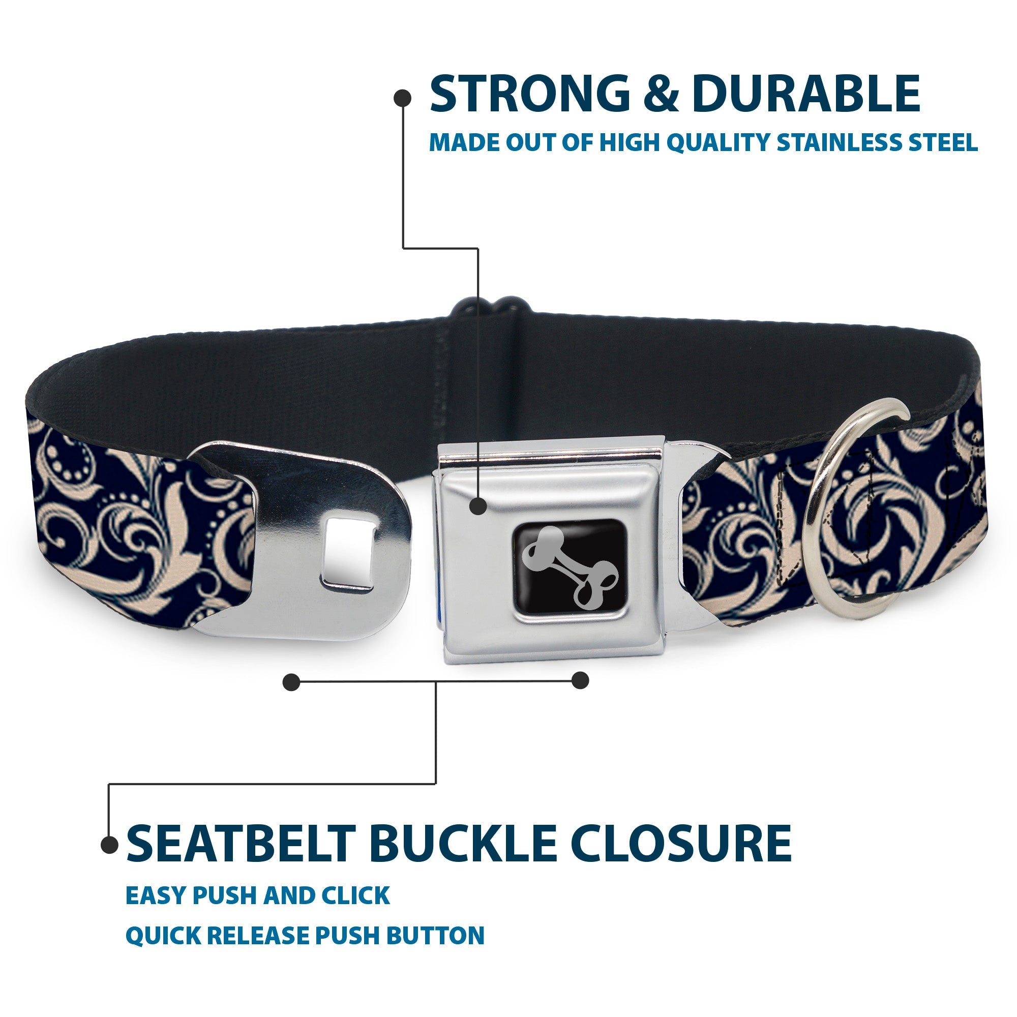Dog Bone Seatbelt Buckle Collar - Filigree Navy/Khaki