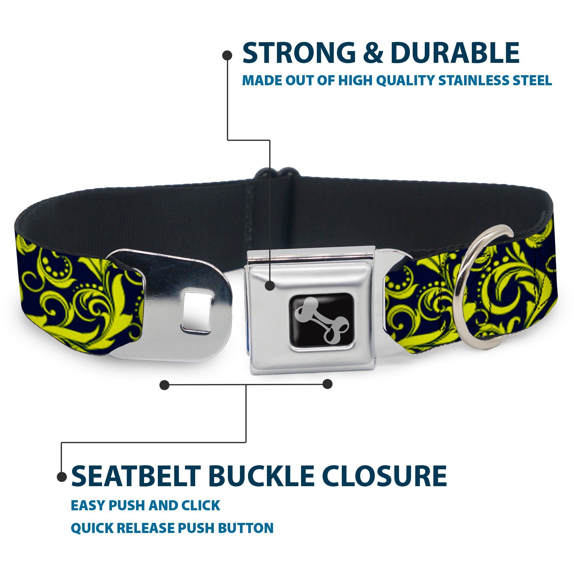 Dog Bone Seatbelt Buckle Collar - Filigree Navy/Yellow