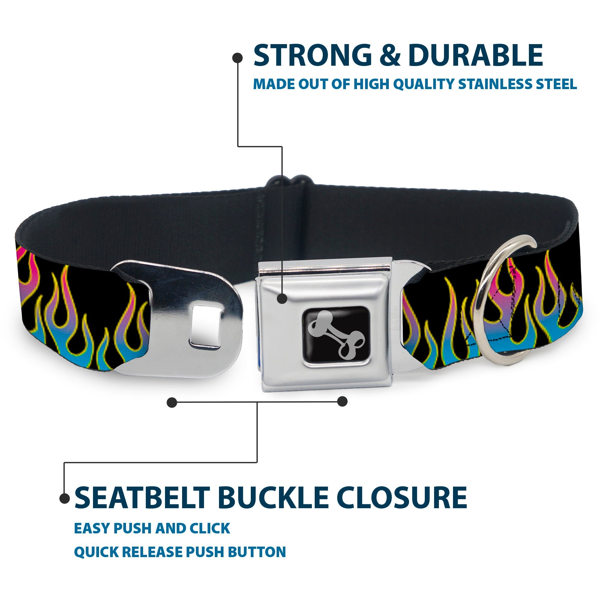 Dog Bone Seatbelt Buckle Collar - Flames Black/Blue/Pink