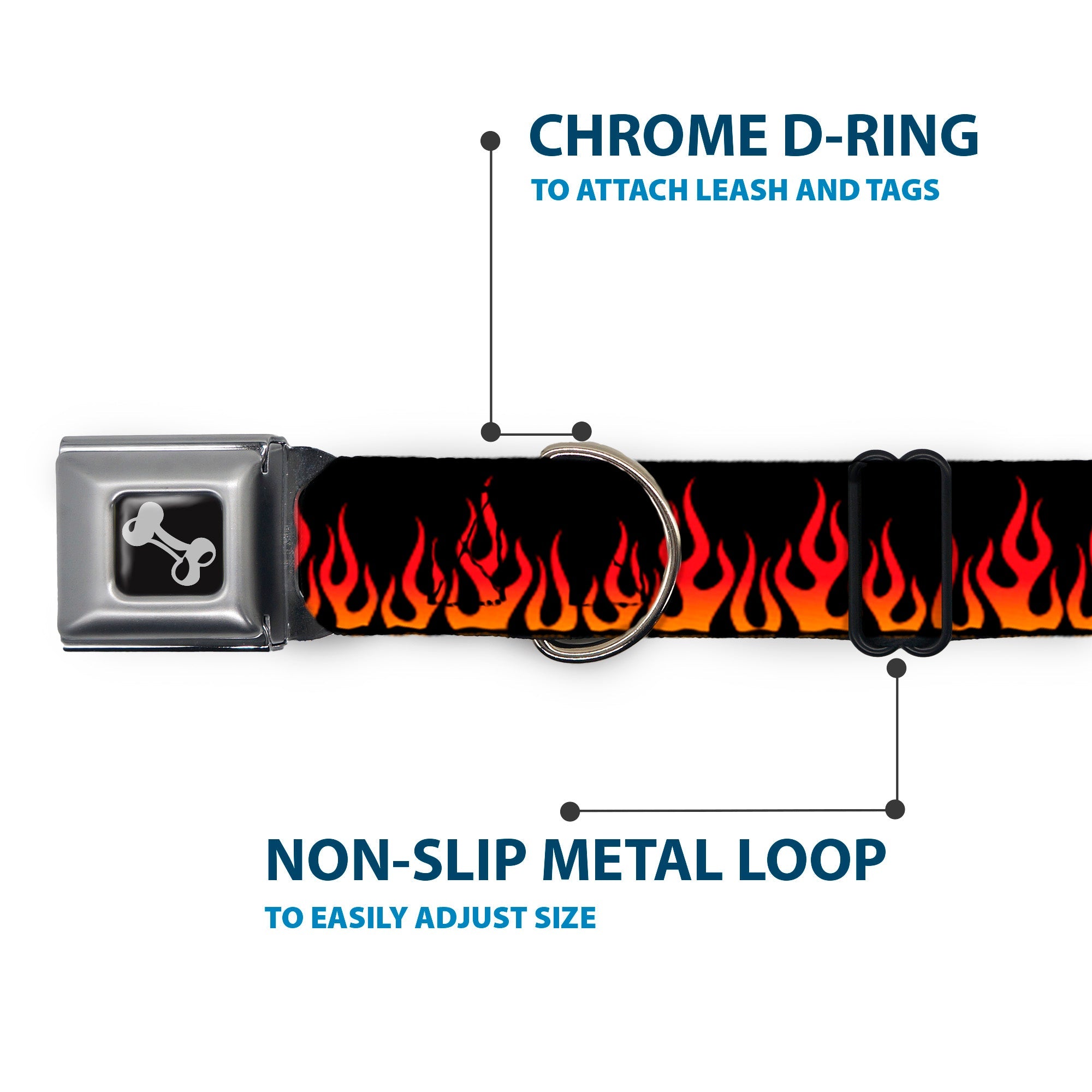 Dog Bone Seatbelt Buckle Collar - Flames Black/Orange/Red