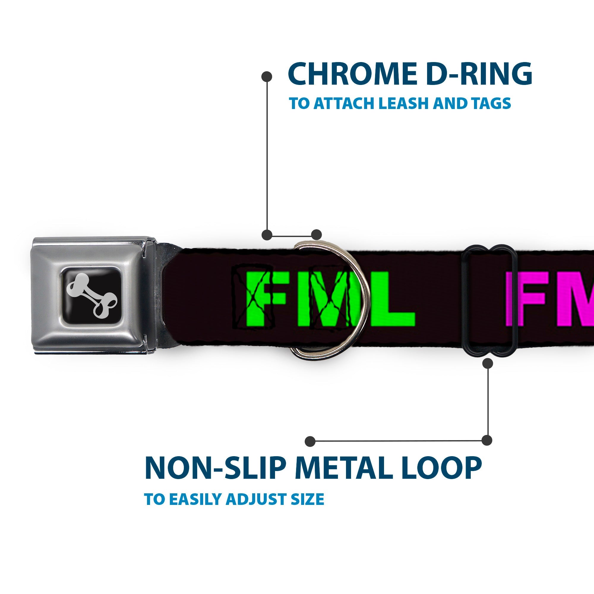 Buckle-Down Seatbelt Buckle Dog Collar - FML Black/Yellow/Green/Purple