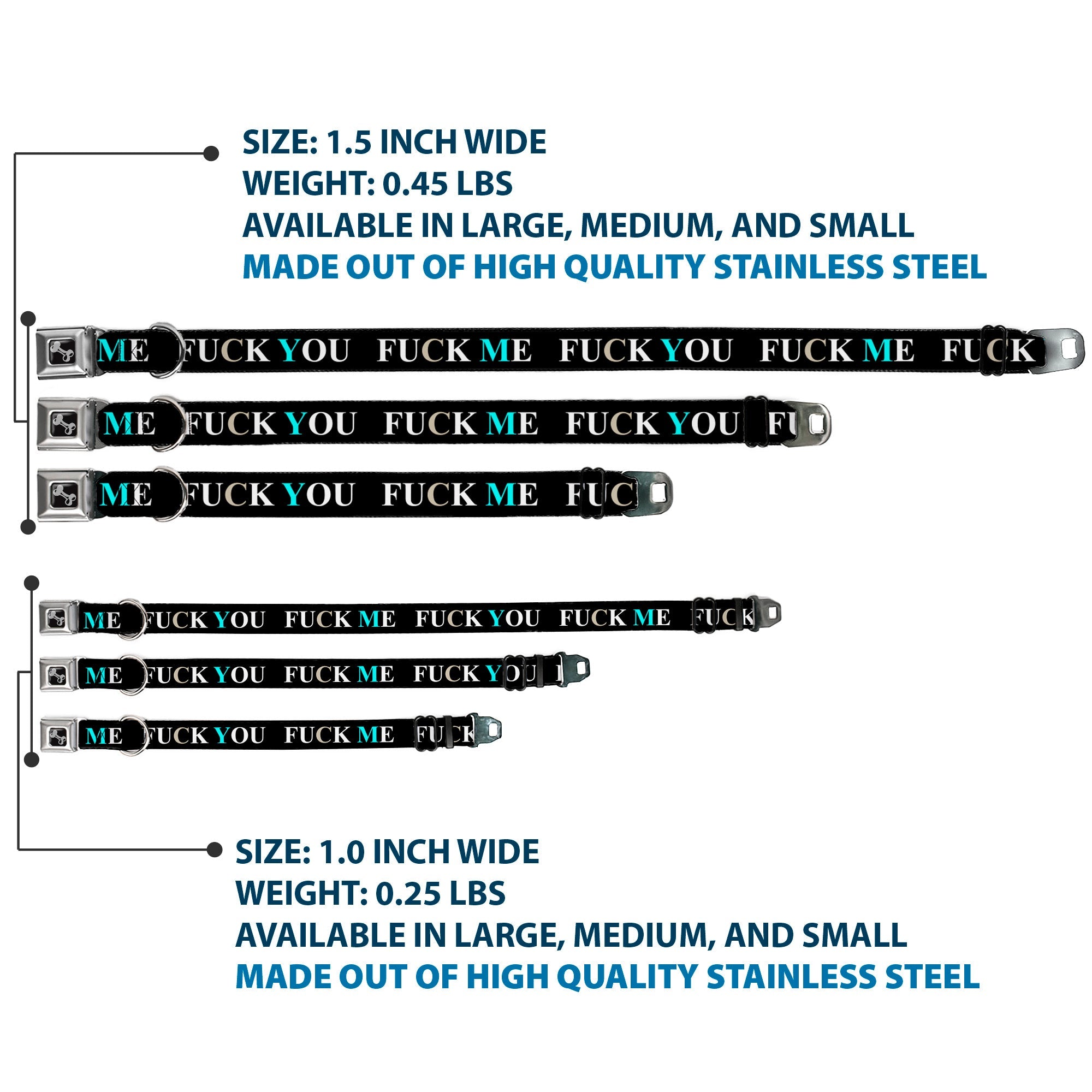 Buckle-Down Seatbelt Buckle Dog Collar - FUCK YOU/FUCK ME Black/White/Blue