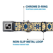 Dog Bone Seatbelt Buckle Collar - Floral Collage Tan/Blue