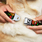 Dog Bone Seatbelt Buckle Collar - Floral Collage2 Black/Red/Orange/Green