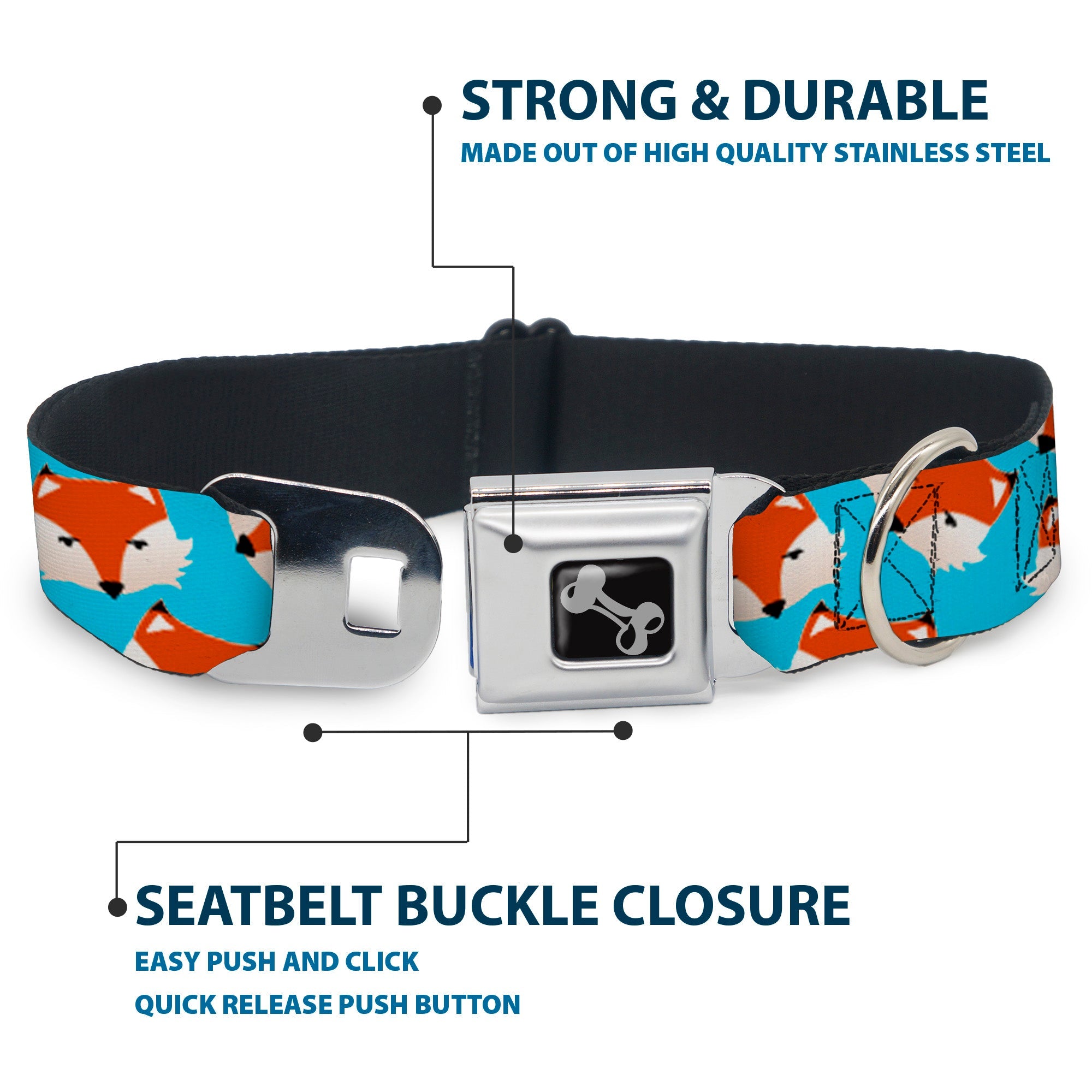 Dog Bone Seatbelt Buckle Collar - Fox Face Scattered Sky Blue