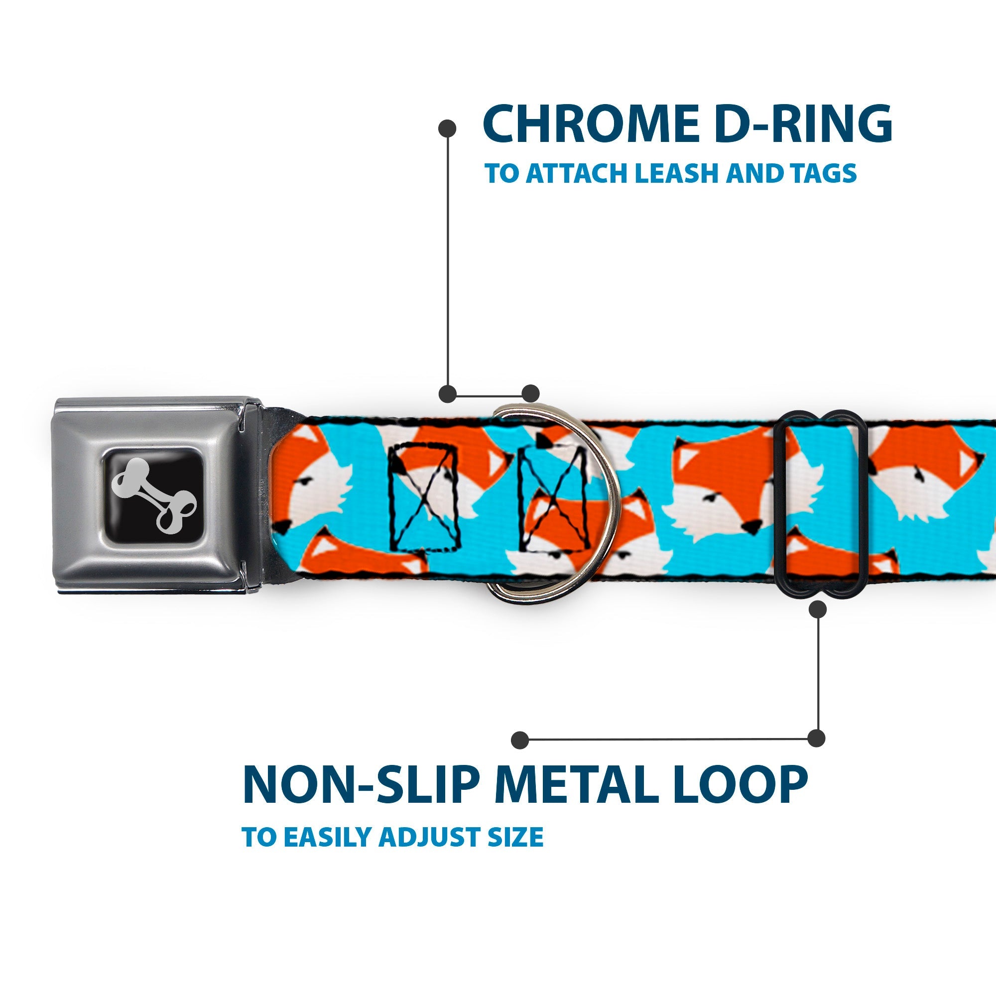 Dog Bone Seatbelt Buckle Collar - Fox Face Scattered Sky Blue