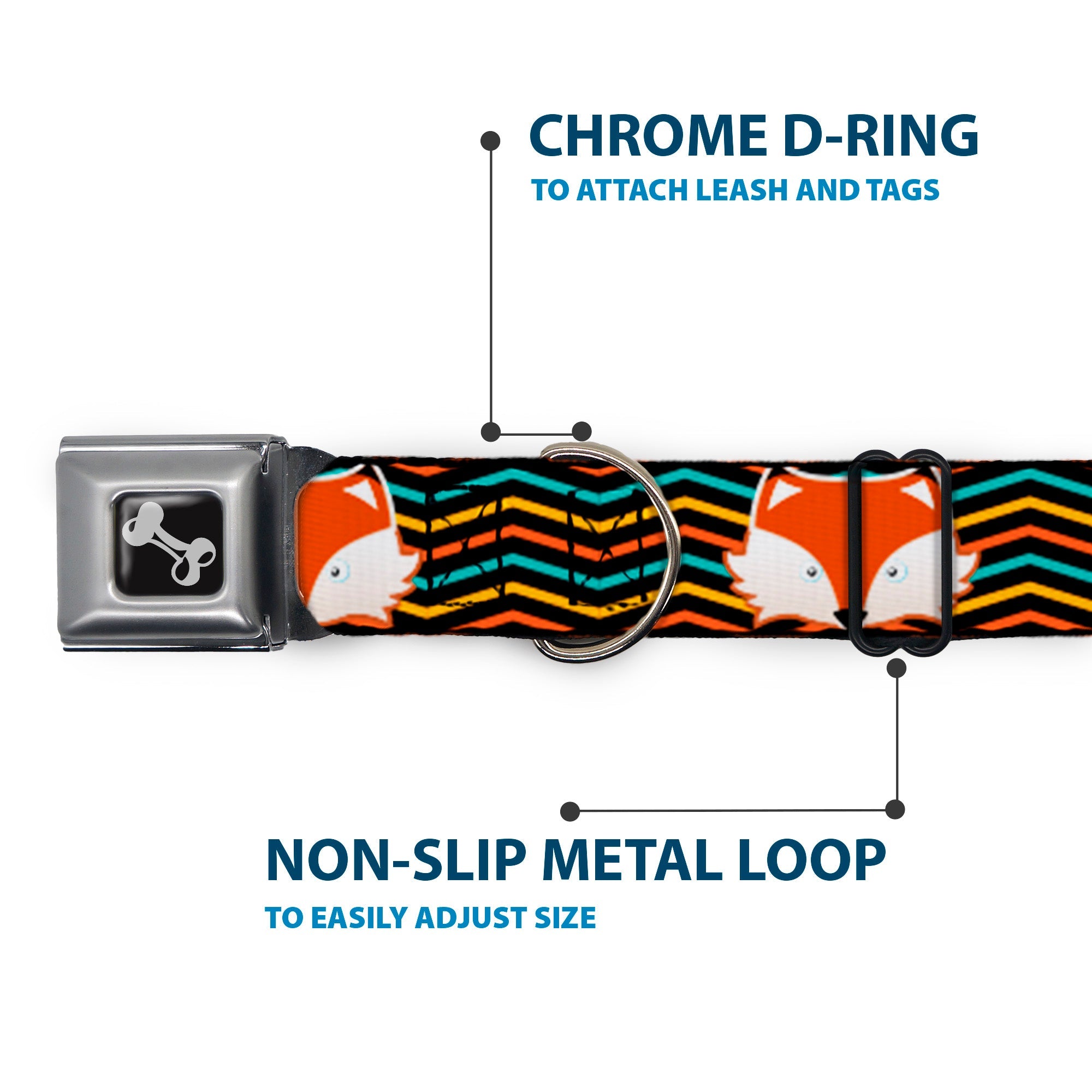 Dog Bone Seatbelt Buckle Collar - Fox Face/Stripes Black/Multi Color