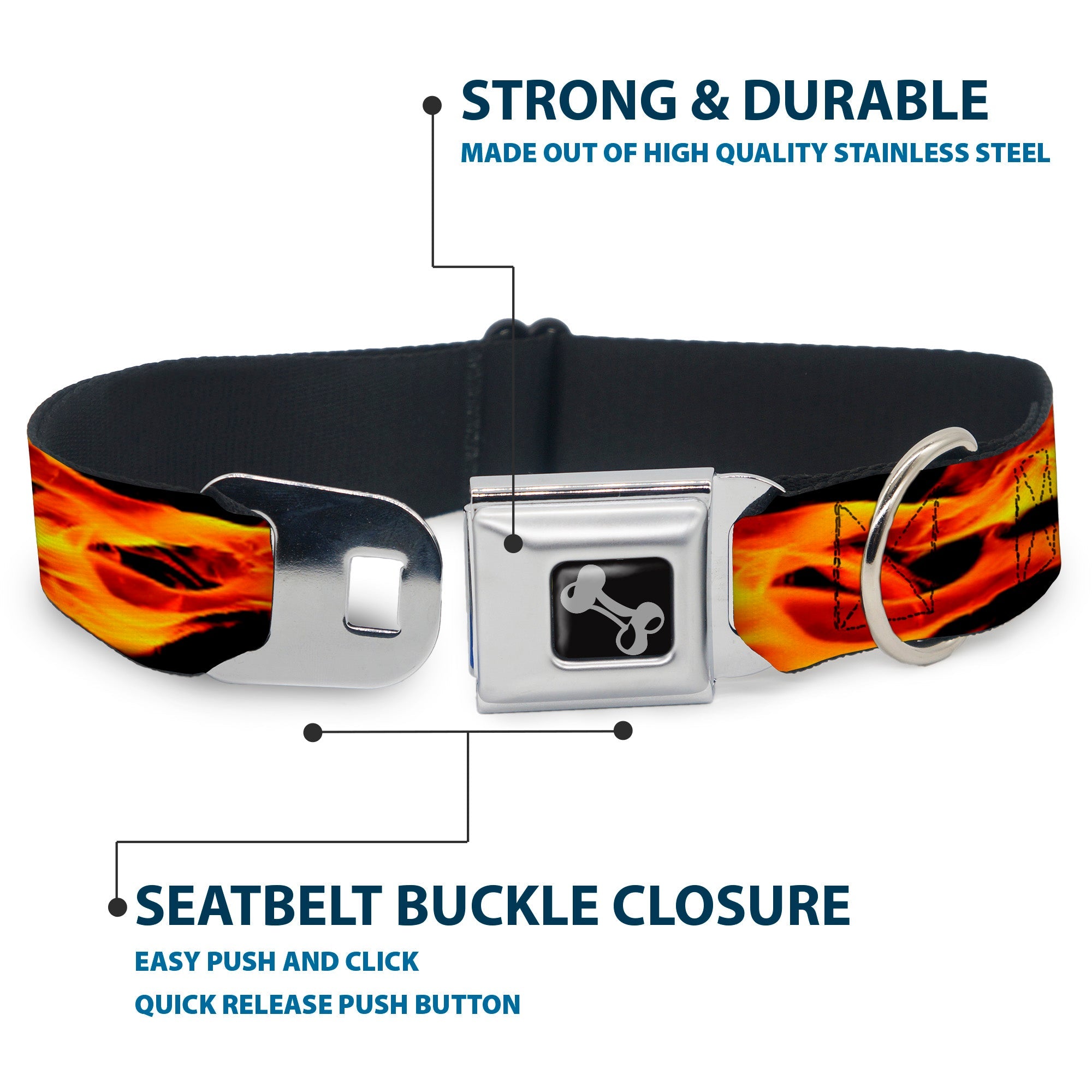 Dog Bone Seatbelt Buckle Collar - Flames Vivid Black/Orange