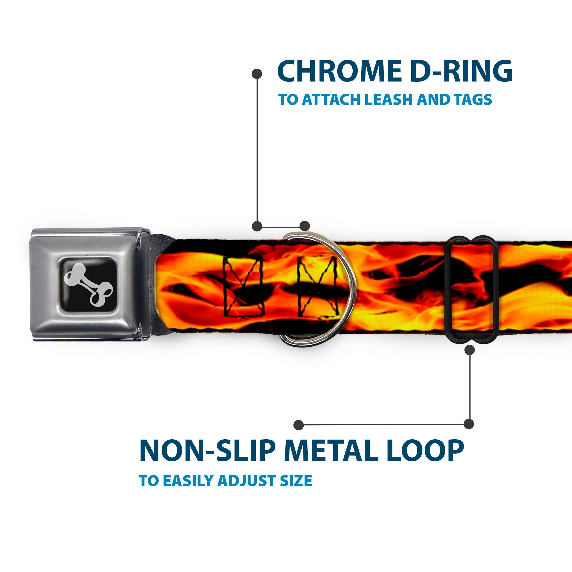 Dog Bone Seatbelt Buckle Collar - Flames Vivid Black/Orange