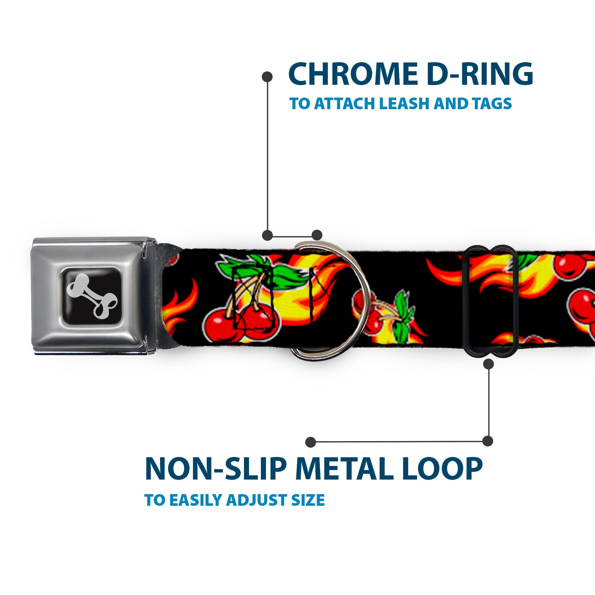 Dog Bone Seatbelt Buckle Collar - Flaming Cherries Scattered Black