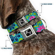 Dog Bone Seatbelt Buckle Collar - Floral Burst Turquoise/Blues/Pinks/Yellow/Green