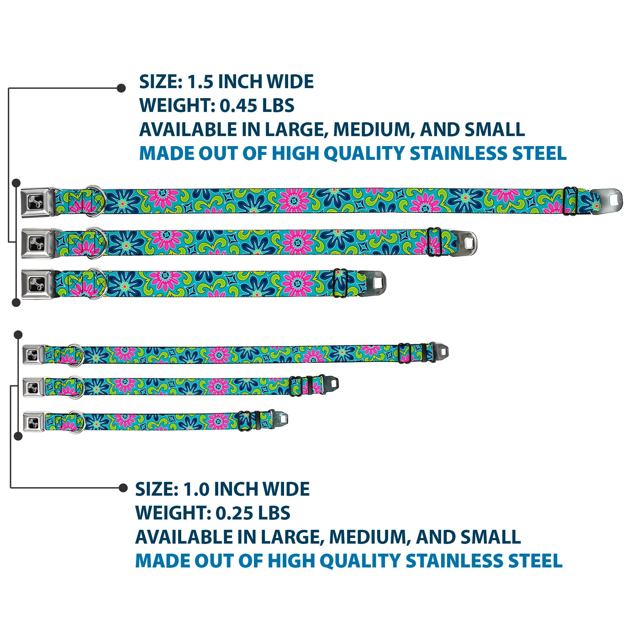 Dog Bone Seatbelt Buckle Collar - Floral Burst Turquoise/Blues/Pinks/Yellow/Green