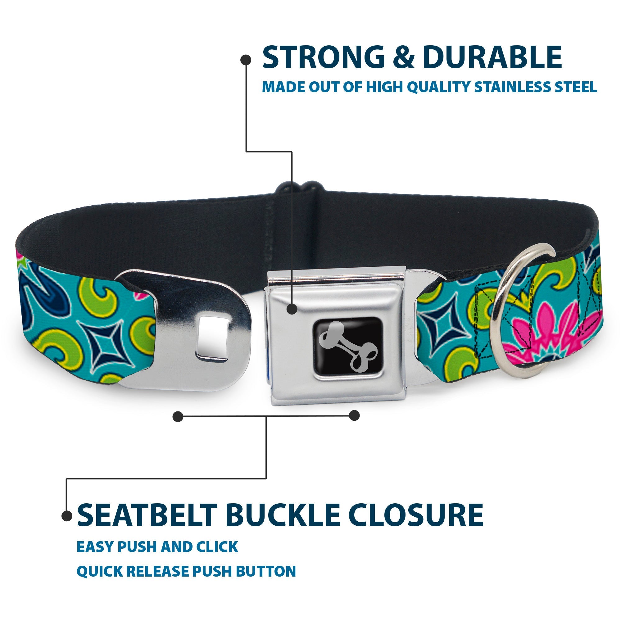 Dog Bone Seatbelt Buckle Collar - Floral Burst Turquoise/Blues/Pinks/Yellow/Green