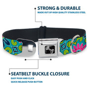 Dog Bone Seatbelt Buckle Collar - Floral Burst Turquoise/Blues/Pinks/Yellow/Green