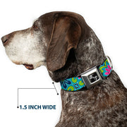 Dog Bone Seatbelt Buckle Collar - Floral Burst Turquoise/Blues/Pinks/Yellow/Green