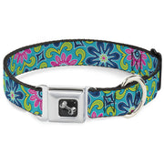 Dog Bone Seatbelt Buckle Collar - Floral Burst Turquoise/Blues/Pinks/Yellow/Green