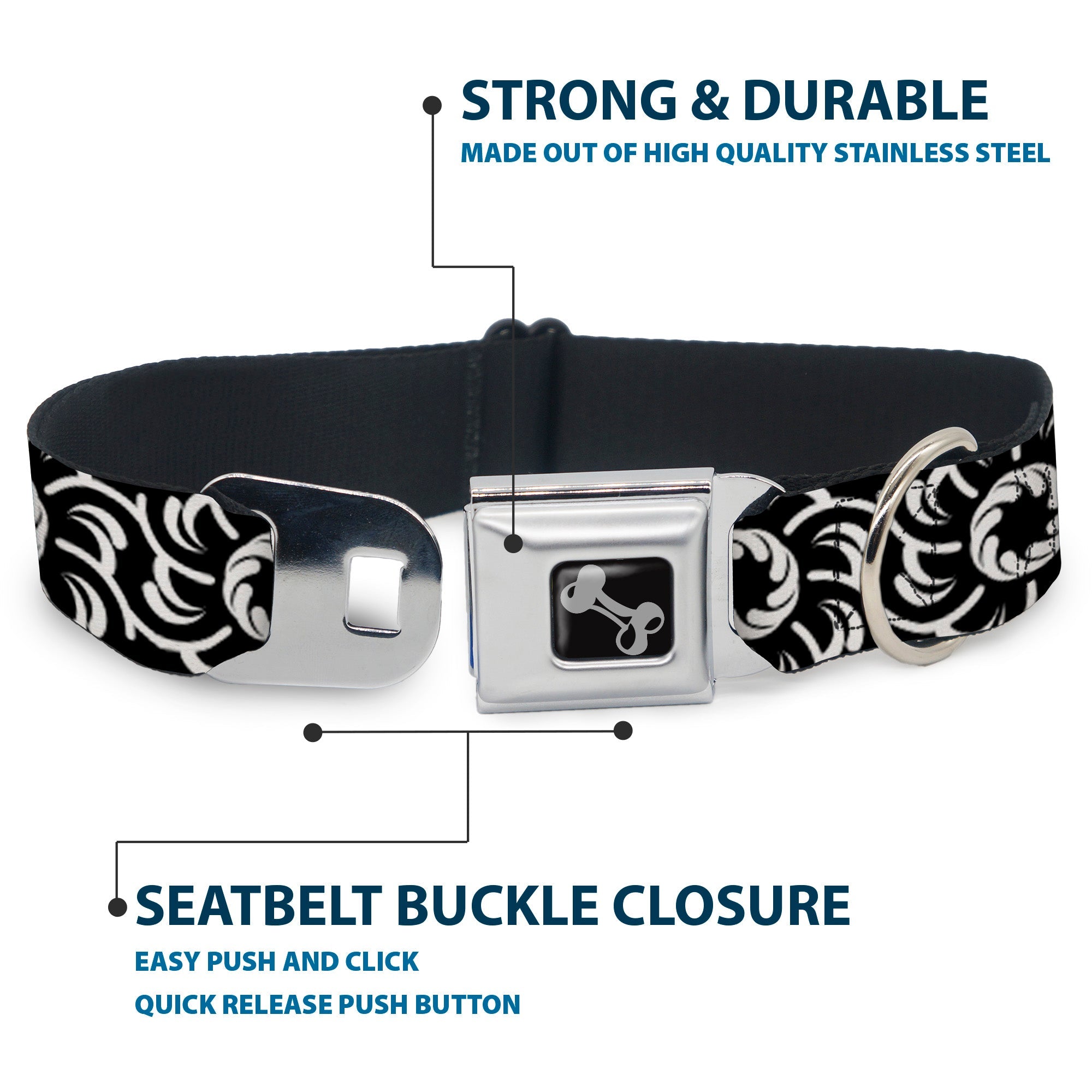 Dog Bone Seatbelt Buckle Collar - Floral Pinwheel Black/White