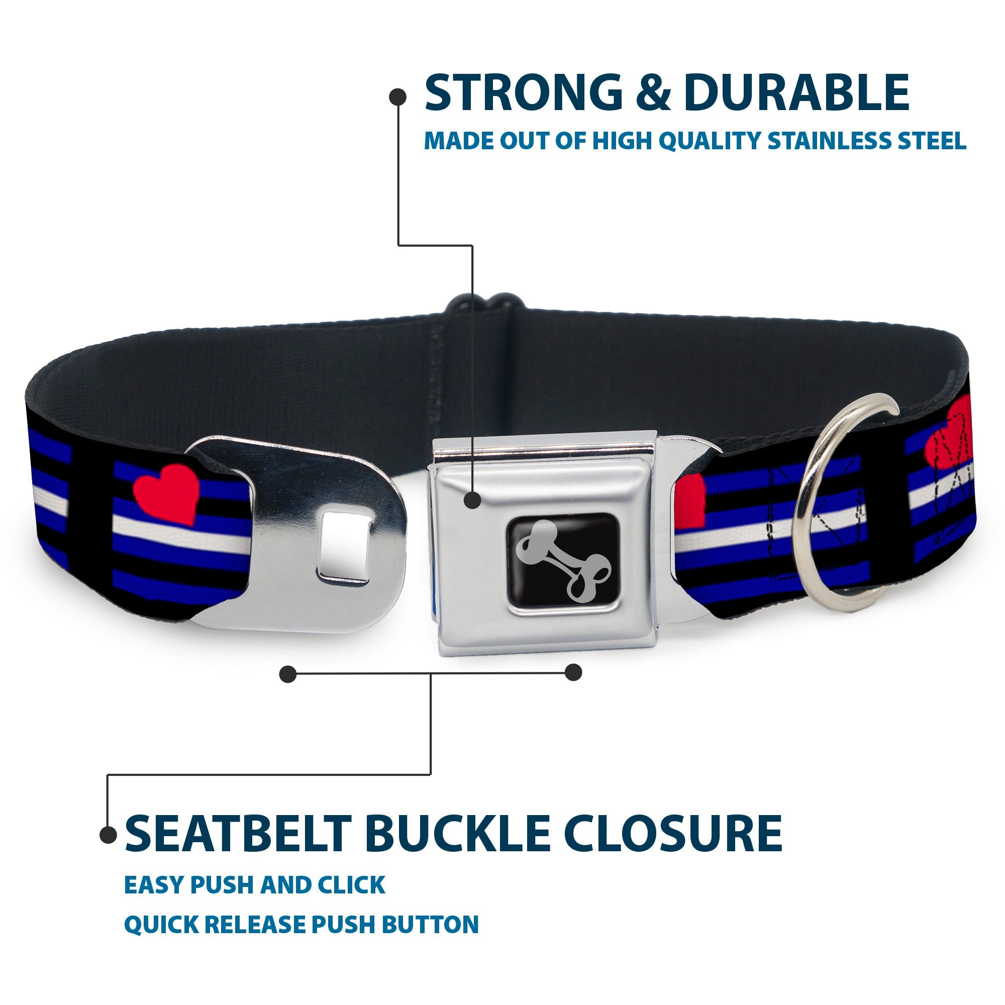 Dog Bone Seatbelt Buckle Collar - Flag Leather Black/Blue/Red/White