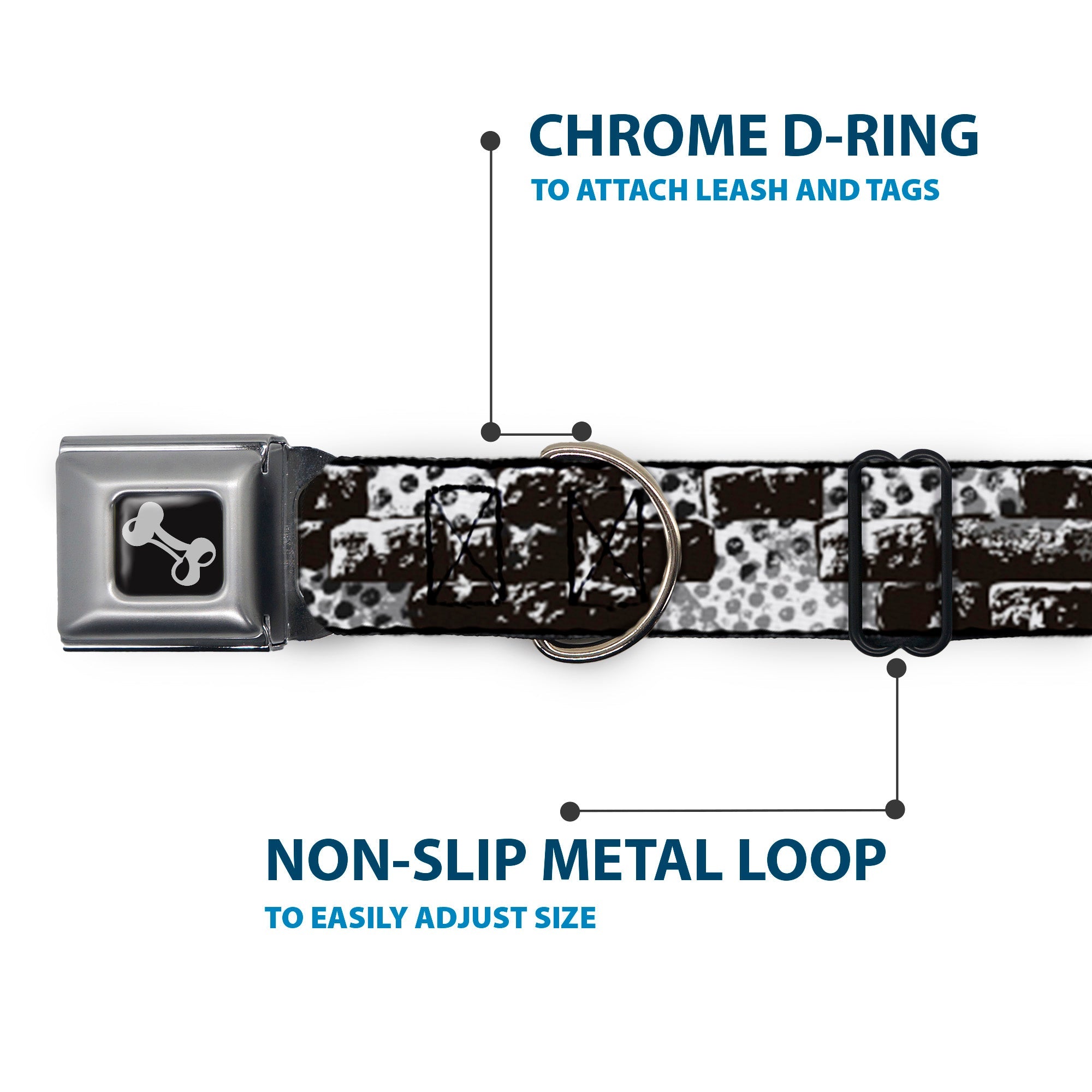 Dog Bone Seatbelt Buckle Collar - Grunge Bricks Black/White