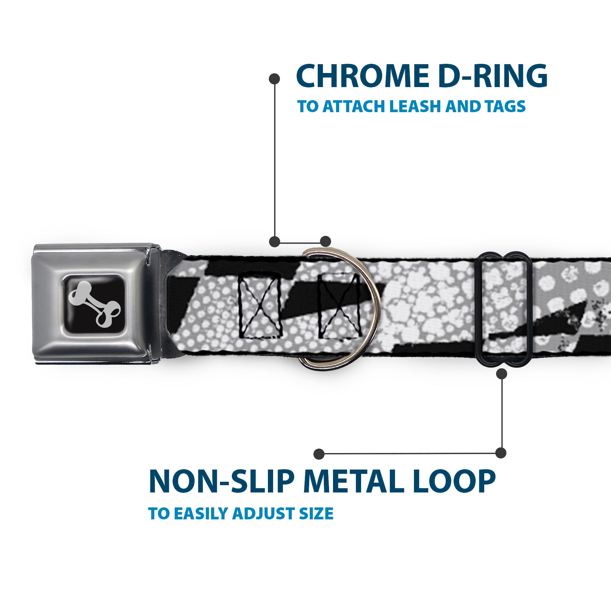Dog Bone Seatbelt Buckle Collar - Grunge Checker Flag Black/White