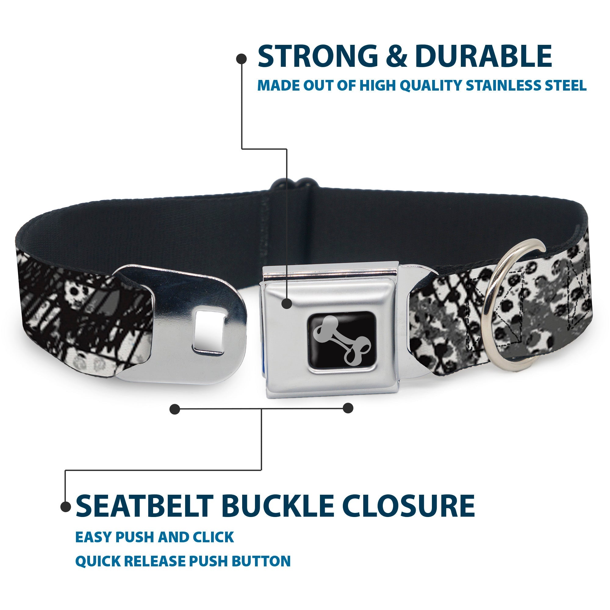 Dog Bone Seatbelt Buckle Collar - Grunge Gears Black/White