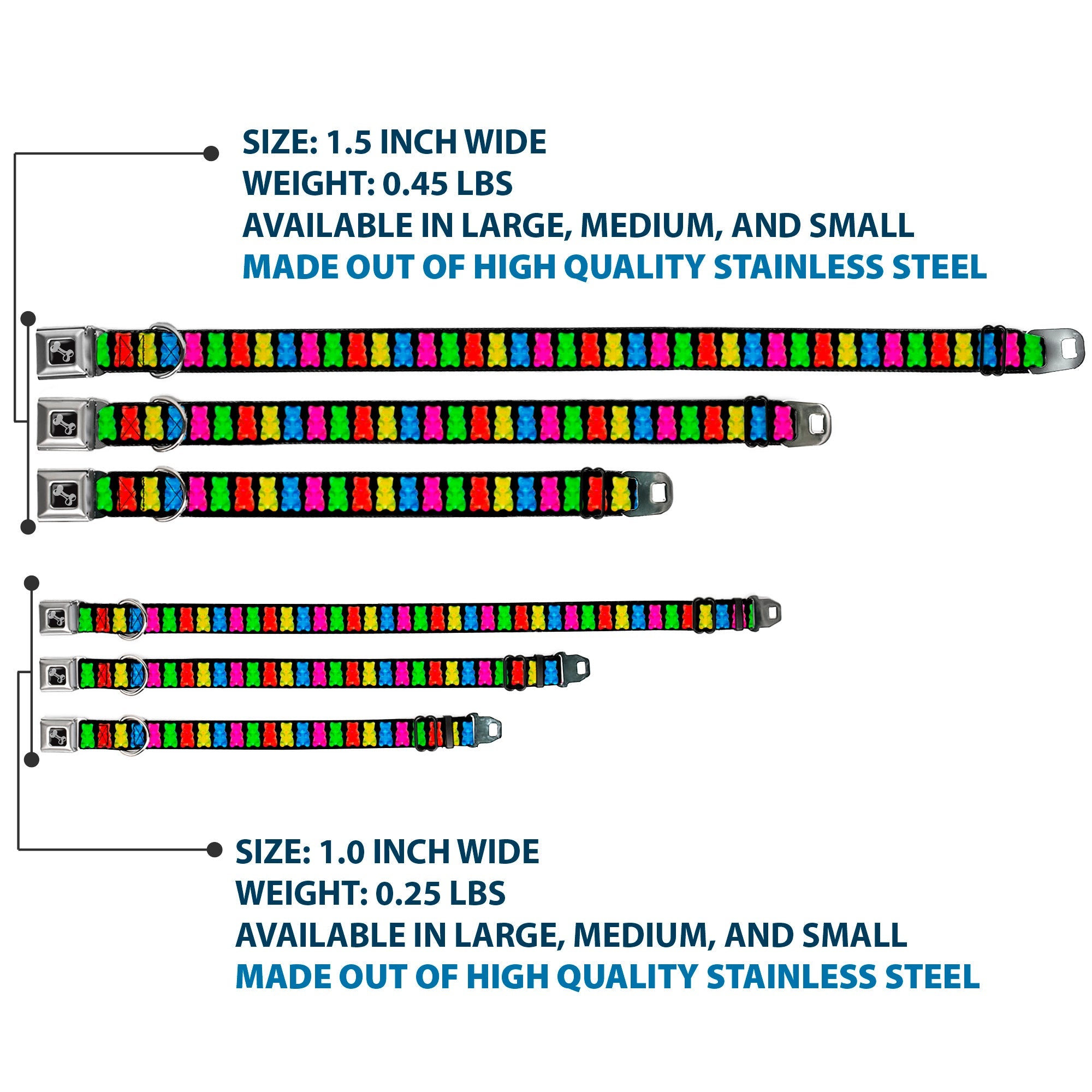 Dog Bone Seatbelt Buckle Collar - Gummy Bears Black/Multi Color