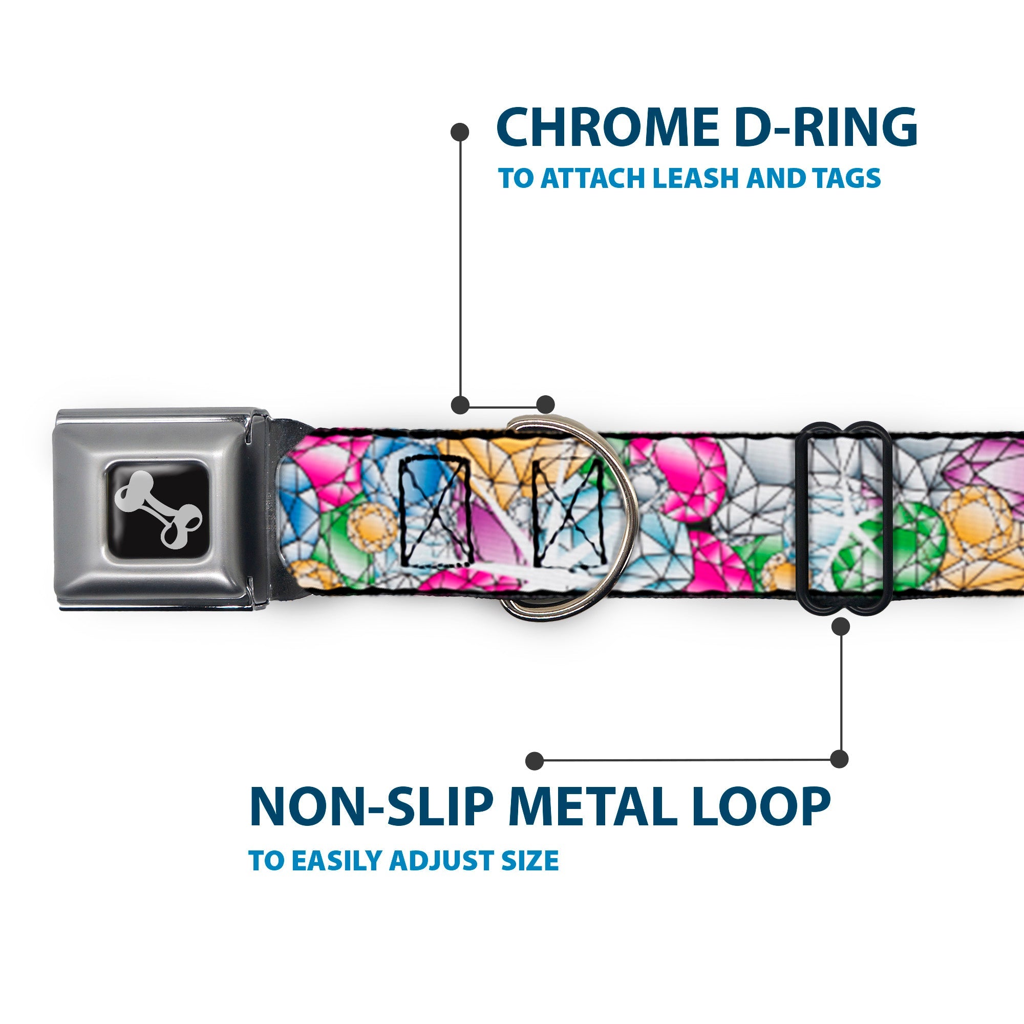 Dog Bone Seatbelt Buckle Collar - Gems Stacked Multi Color