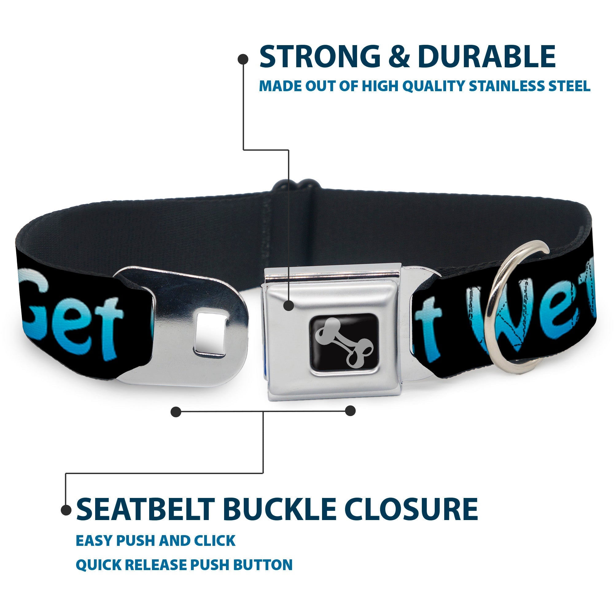 Buckle-Down Seatbelt Buckle Dog Collar - GET WET Black/Baby Blue