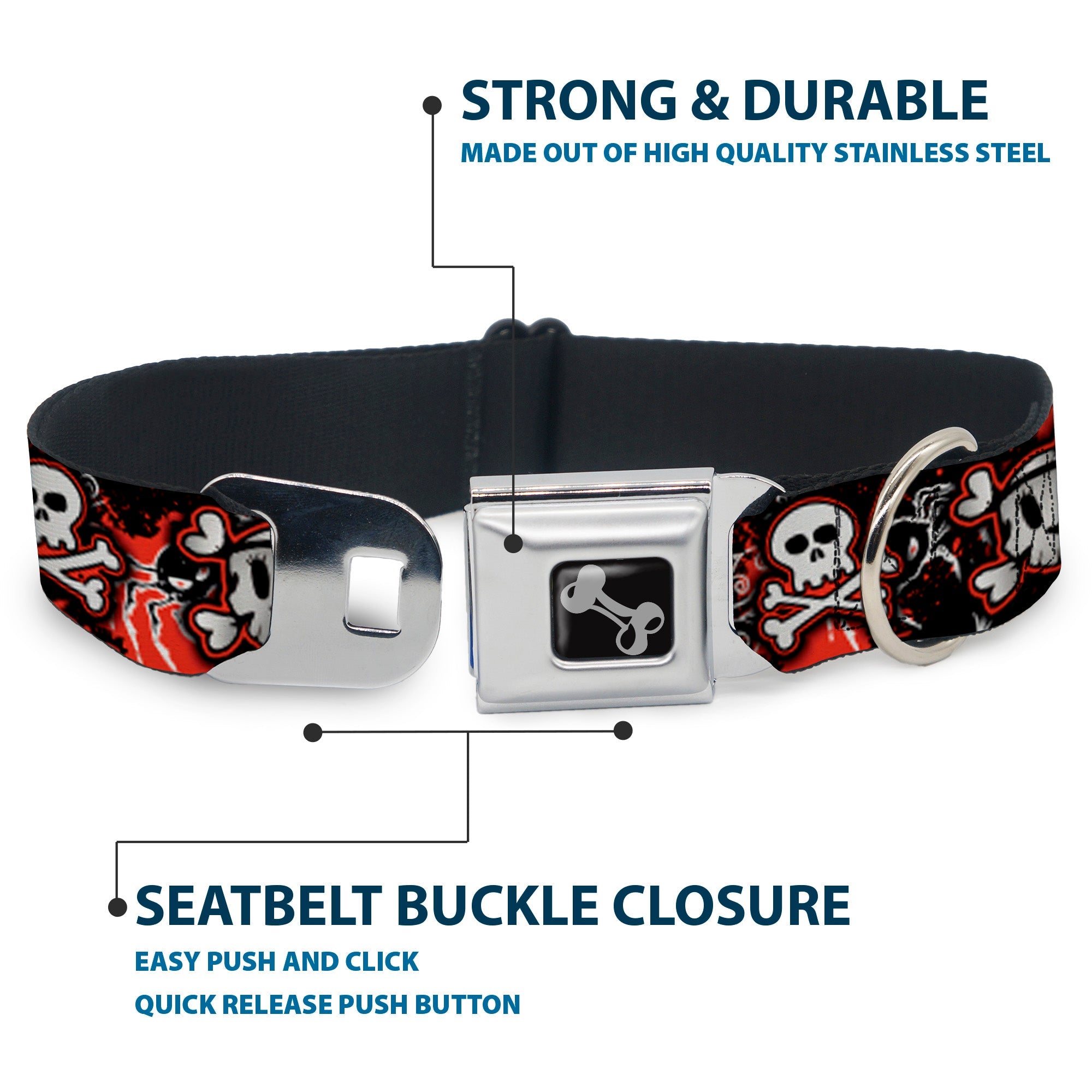 Dog Bone Seatbelt Buckle Collar - Girlie Skull Black/Red