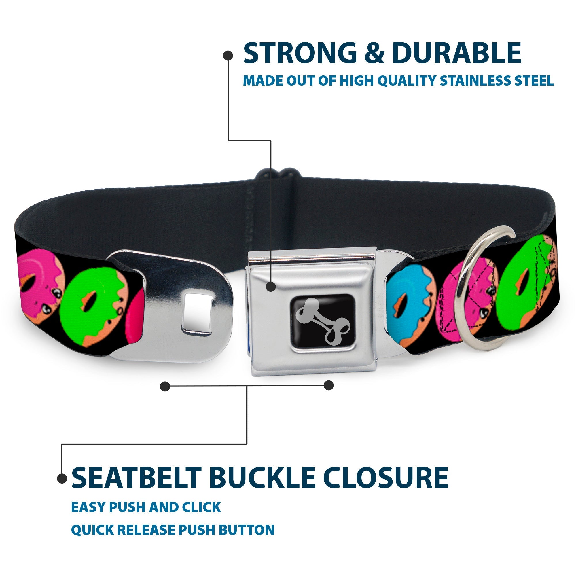Dog Bone Seatbelt Buckle Collar - Glaze Donut Expressions Black