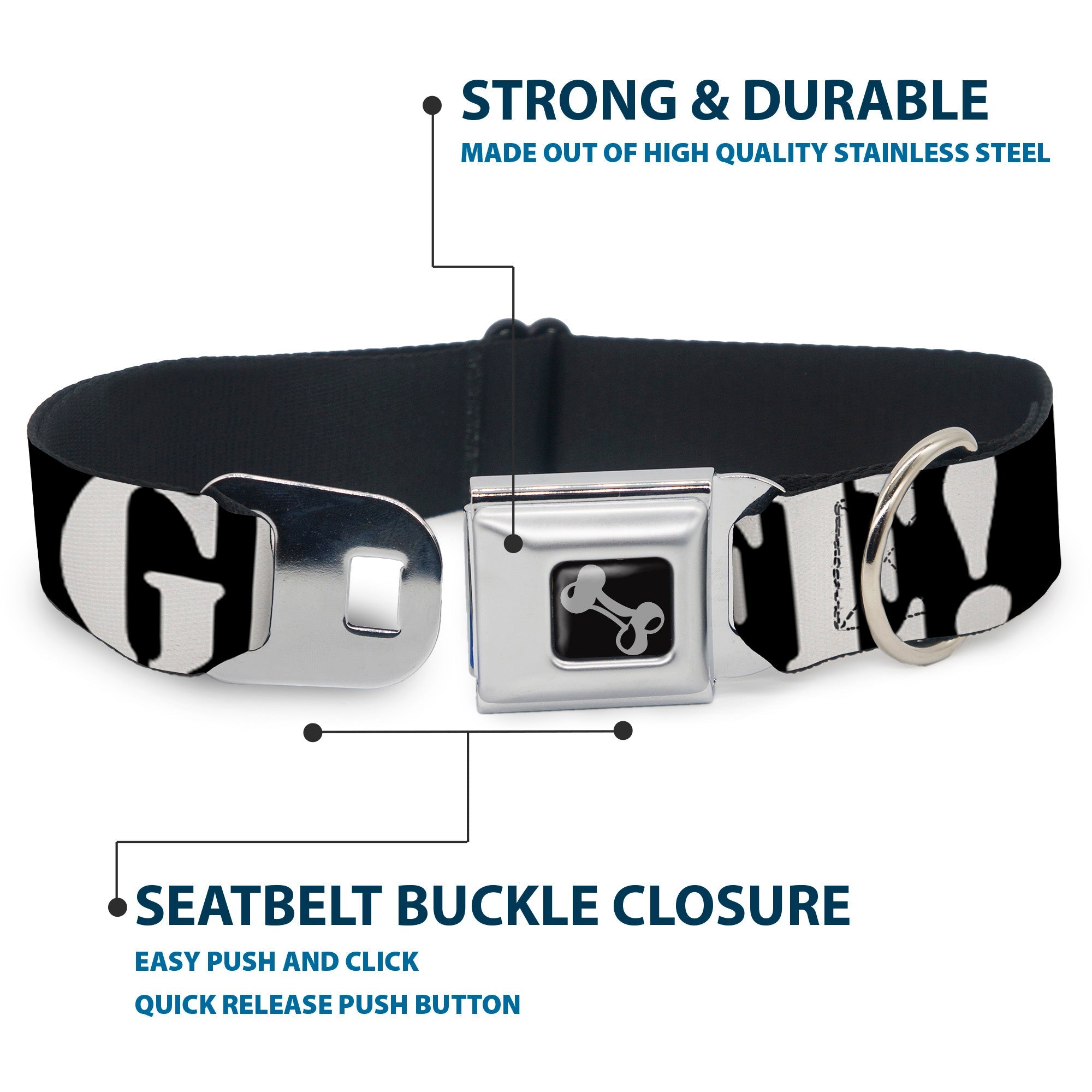 Dog Bone Seatbelt Buckle Collar - GET A LIFE! Black/White
