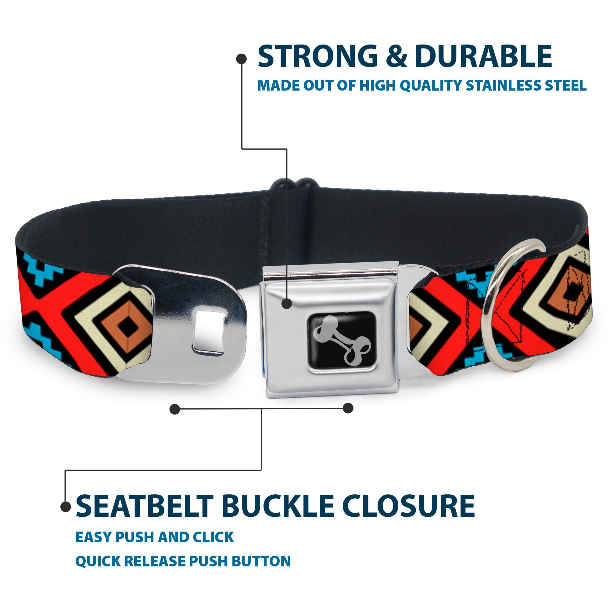 Dog Bone Seatbelt Buckle Collar - Geometric1 Black/Red/Tan/Brown/Baby Blue