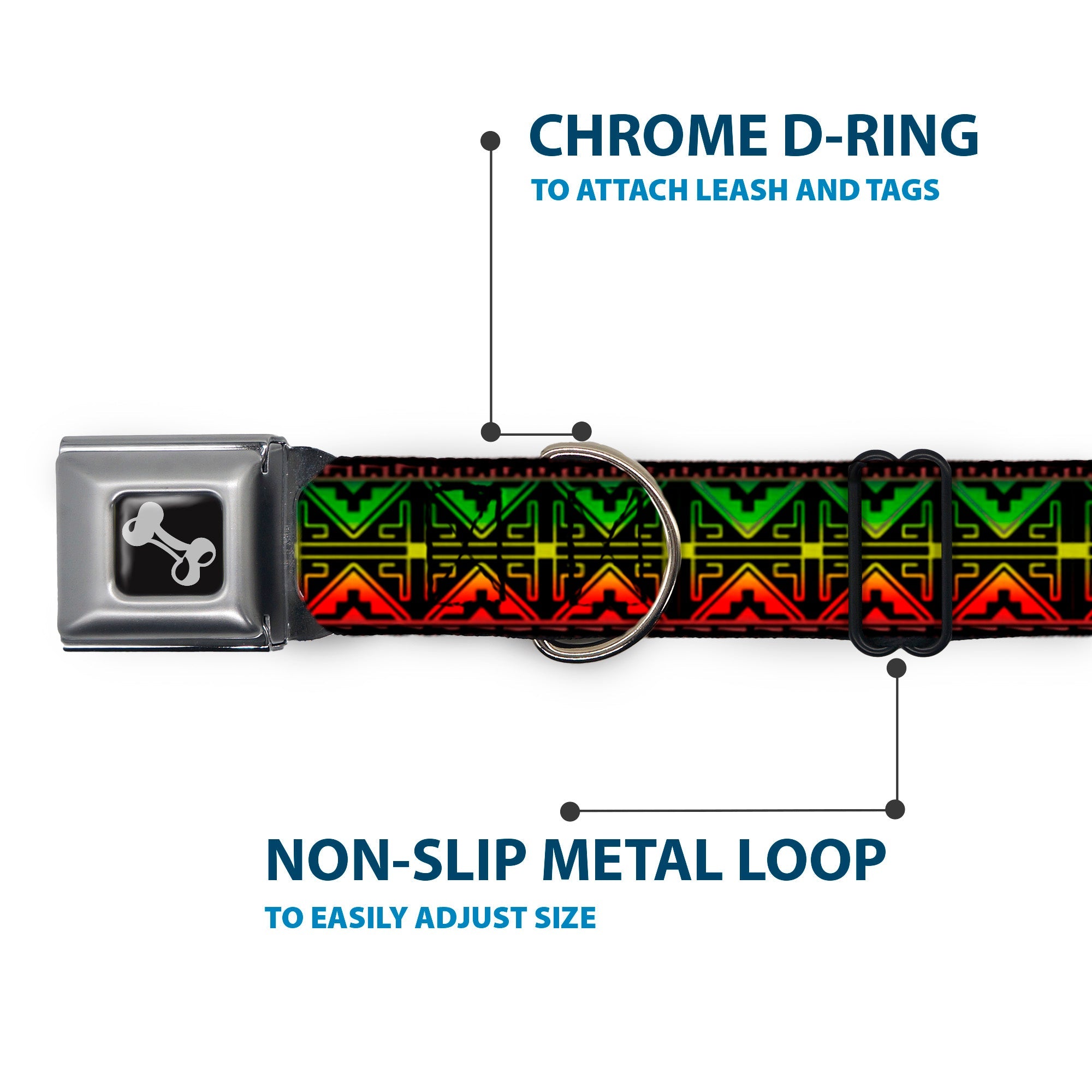 Dog Bone Seatbelt Buckle Collar - Geomteric2 Black/Red/Yellow/Green