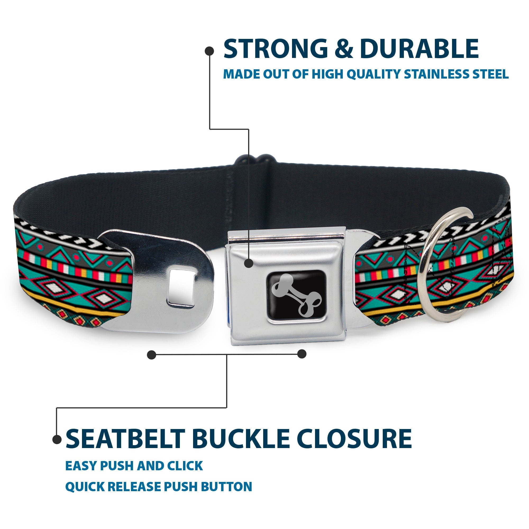 Dog Bone Seatbelt Buckle Collar - Geometric5 Gray/Teal/White/Pink/Yellow