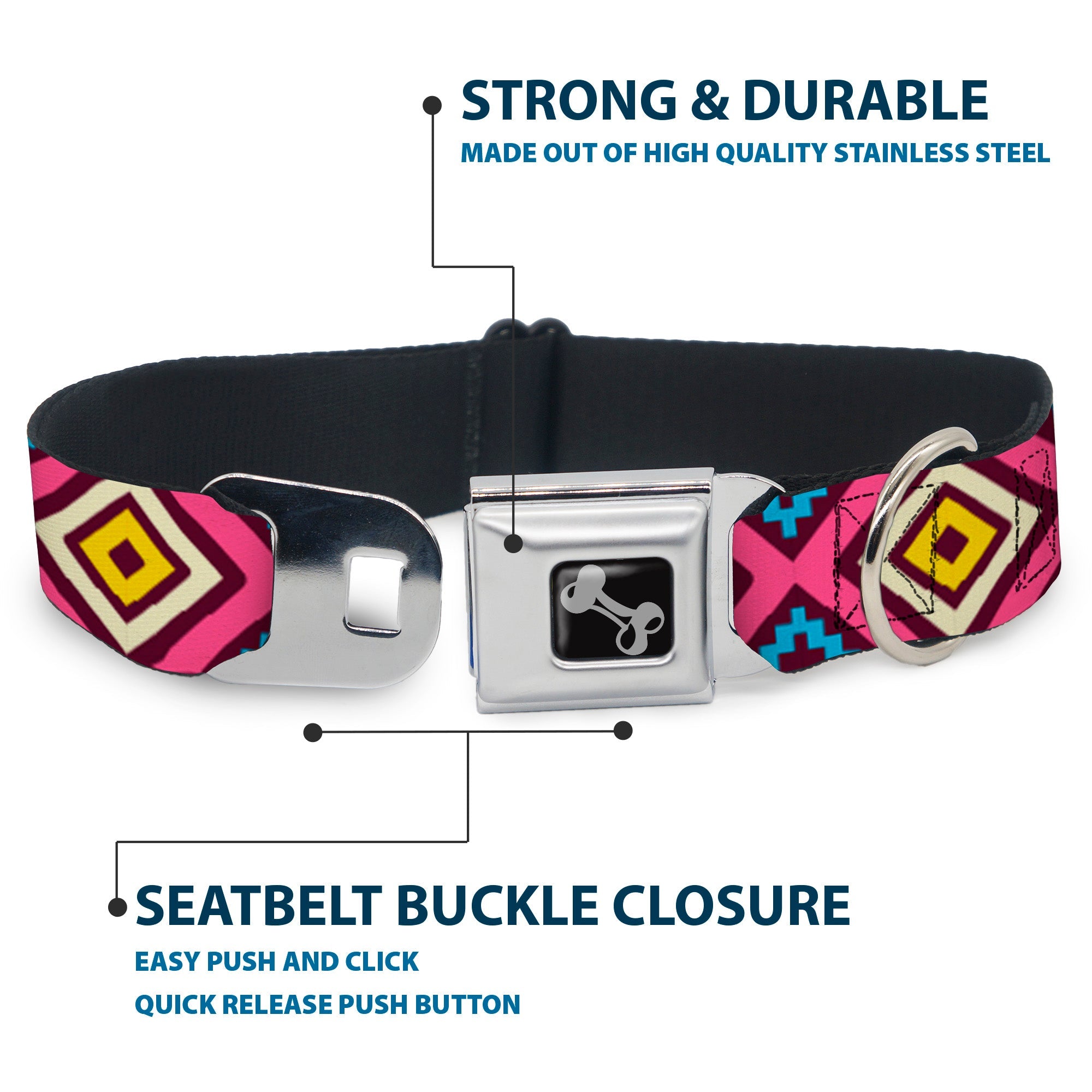 Dog Bone Seatbelt Buckle Collar - Geometric1 Burgundy/Pink/Tan/Yellow/Baby Blue