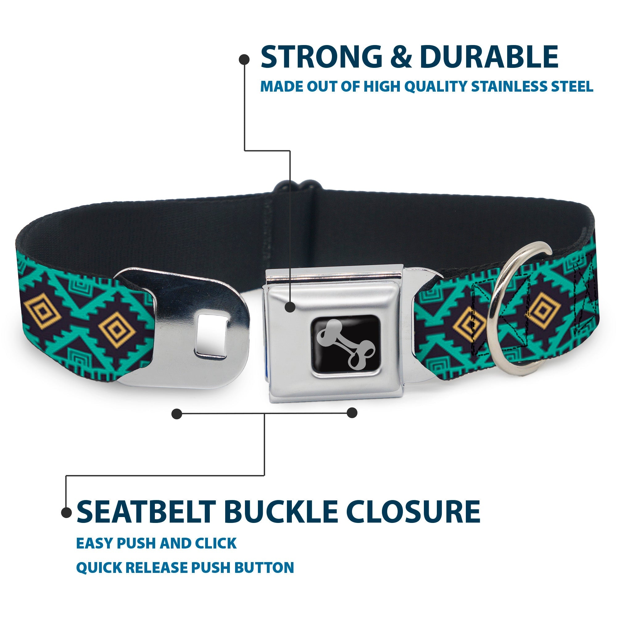 Dog Bone Seatbelt Buckle Collar - Geometric6 Navy/Turquoise/Gold