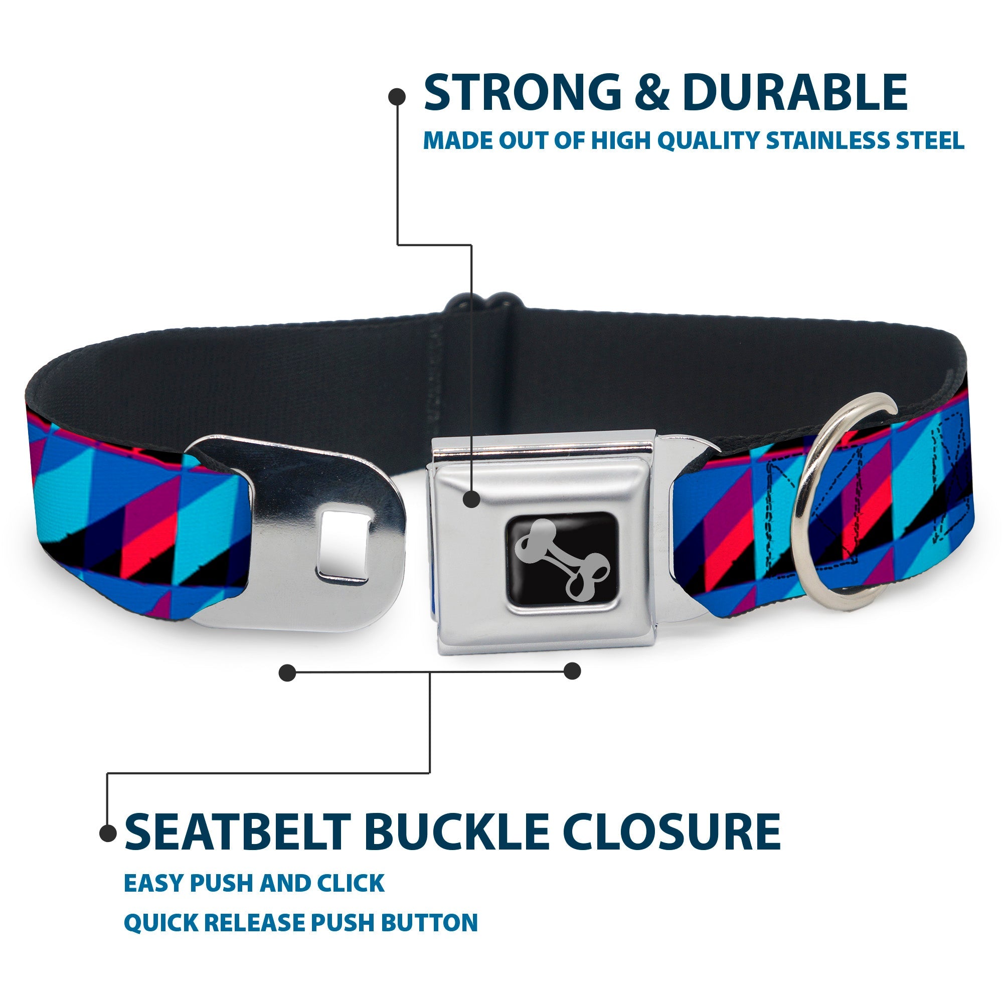 Dog Bone Seatbelt Buckle Collar - Geometric Peaks Blues/Purple/Red