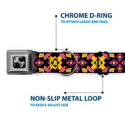 Dog Bone Seatbelt Buckle Collar - Geometric Sunburst Black/Pink/Yellow/Blue